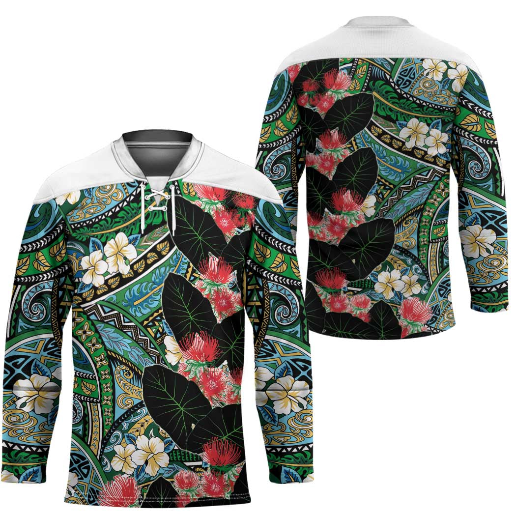 Hawaiian Taro Leaves and Ohia Lehua Hockey Jersey Polynesian Tribal Art Tropical Plants Motifs Colorful LT03 - Polynesian Pride