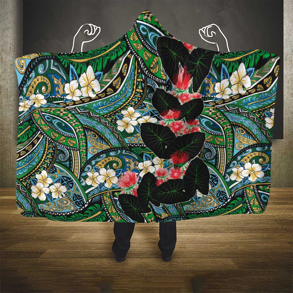 Hawaiian Taro Leaves and Ohia Lehua Hooded Blanket Polynesian Tribal Art Tropical Plants Motifs Colorful LT03 - Polynesian Pride