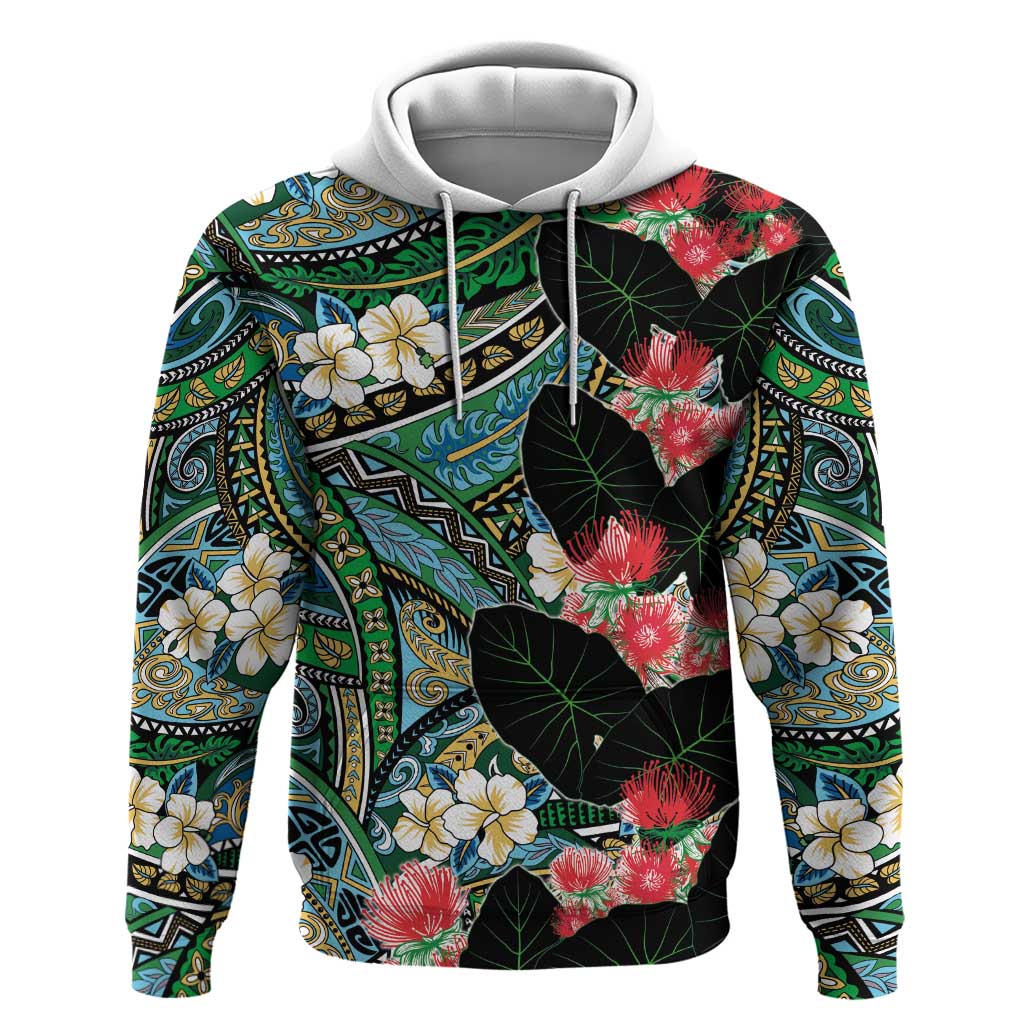 Hawaiian Taro Leaves and Ohia Lehua Hoodie Polynesian Tribal Art Tropical Plants Motifs Colorful LT03 Pullover Hoodie Multicolor - Polynesian Pride