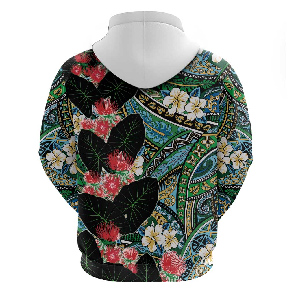 Hawaiian Taro Leaves and Ohia Lehua Hoodie Polynesian Tribal Art Tropical Plants Motifs Colorful LT03 - Polynesian Pride
