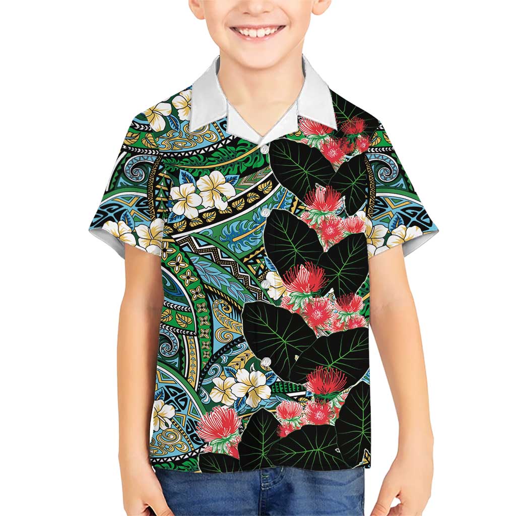 Hawaiian Taro Leaves and Ohia Lehua Kid Hawaiian Shirt Polynesian Tribal Art Tropical Plants Motifs Colorful LT03 Kid Multicolor - Polynesian Pride
