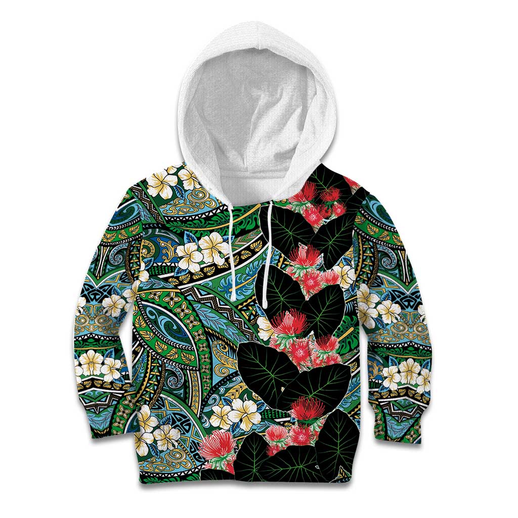 Hawaiian Taro Leaves and Ohia Lehua Kid Hoodie Polynesian Tribal Art Tropical Plants Motifs Colorful LT03 Hoodie Multicolor - Polynesian Pride