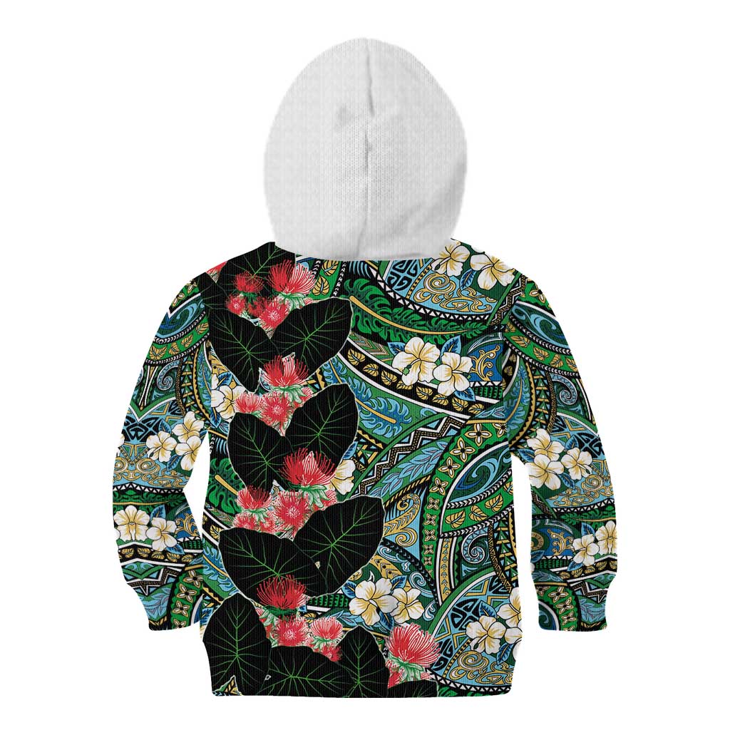 Hawaiian Taro Leaves and Ohia Lehua Kid Hoodie Polynesian Tribal Art Tropical Plants Motifs Colorful LT03 - Polynesian Pride