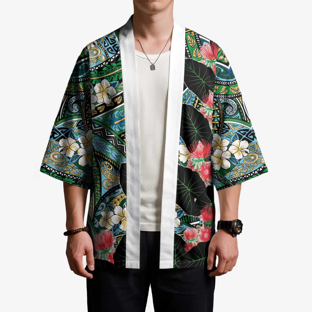 Hawaiian Taro Leaves and Ohia Lehua Kimono Polynesian Tribal Art Tropical Plants Motifs Colorful LT03 - Polynesian Pride