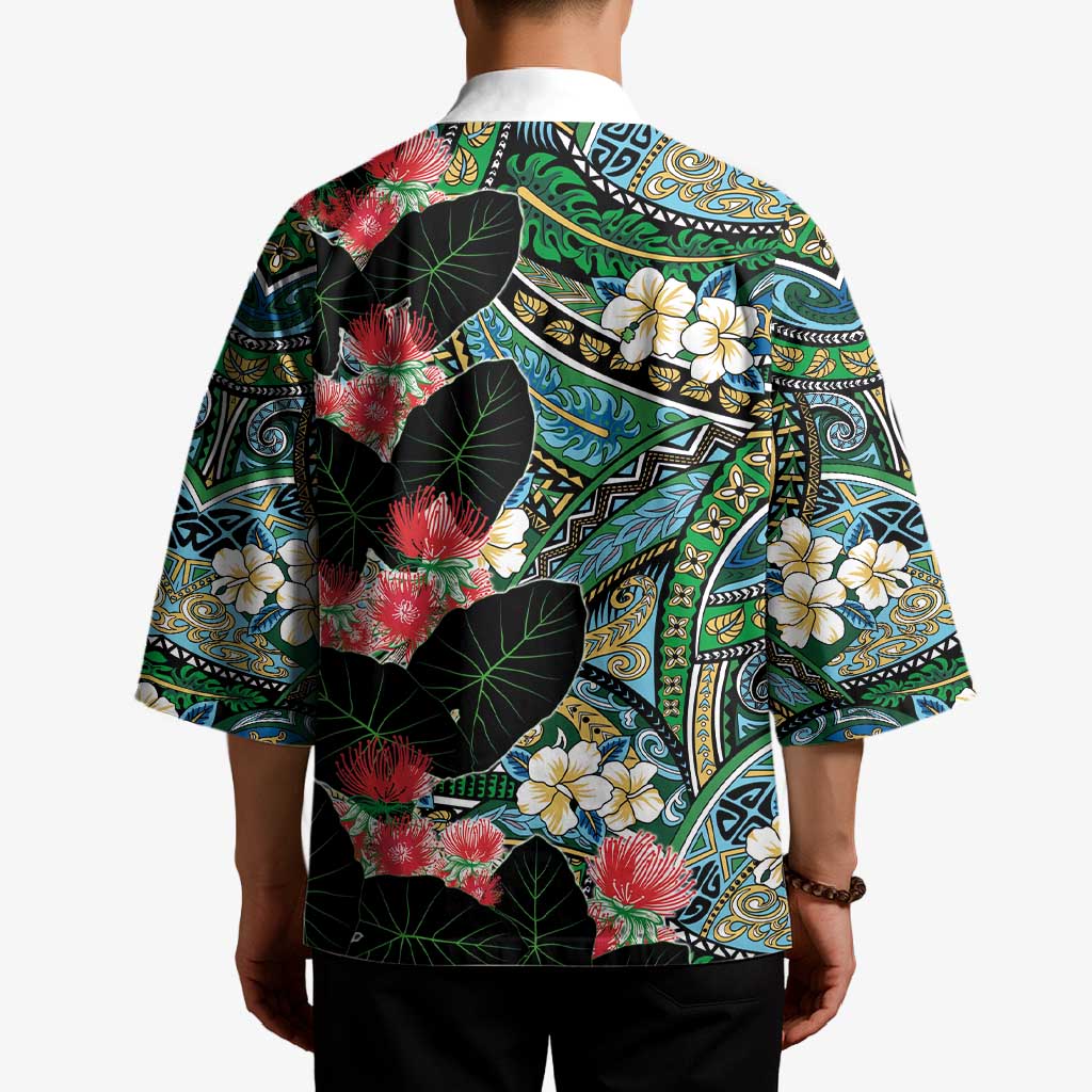 Hawaiian Taro Leaves and Ohia Lehua Kimono Polynesian Tribal Art Tropical Plants Motifs Colorful LT03 - Polynesian Pride
