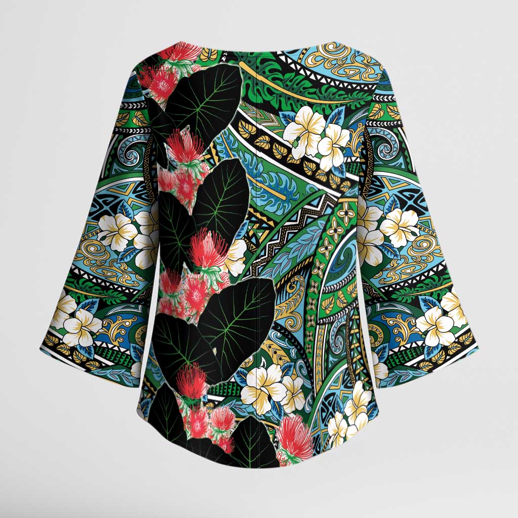 Hawaiian Taro Leaves and Ohia Lehua Kimono Sleeve Blouse Polynesian Tribal Art Tropical Plants Motifs Colorful LT03 - Polynesian Pride