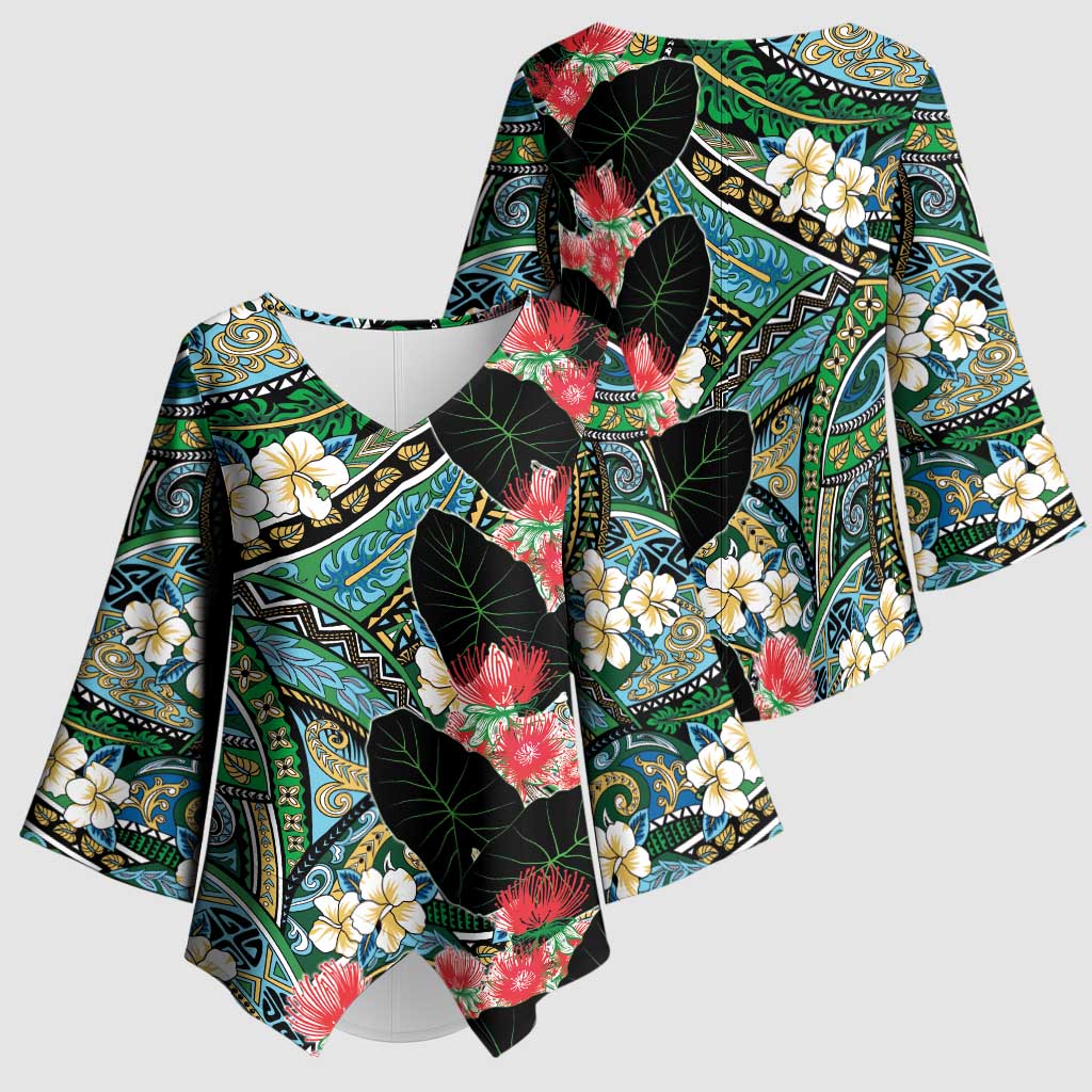 Hawaiian Taro Leaves and Ohia Lehua Kimono Sleeve Blouse Polynesian Tribal Art Tropical Plants Motifs Colorful LT03 - Polynesian Pride