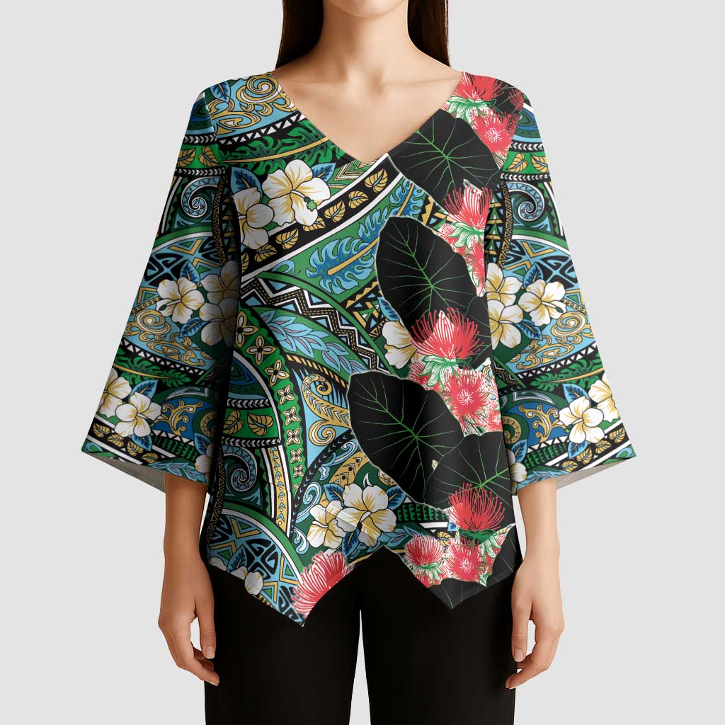 Hawaiian Taro Leaves and Ohia Lehua Kimono Sleeve Blouse Polynesian Tribal Art Tropical Plants Motifs Colorful LT03 - Polynesian Pride