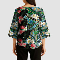 Hawaiian Taro Leaves and Ohia Lehua Kimono Sleeve Blouse Polynesian Tribal Art Tropical Plants Motifs Colorful LT03 - Polynesian Pride
