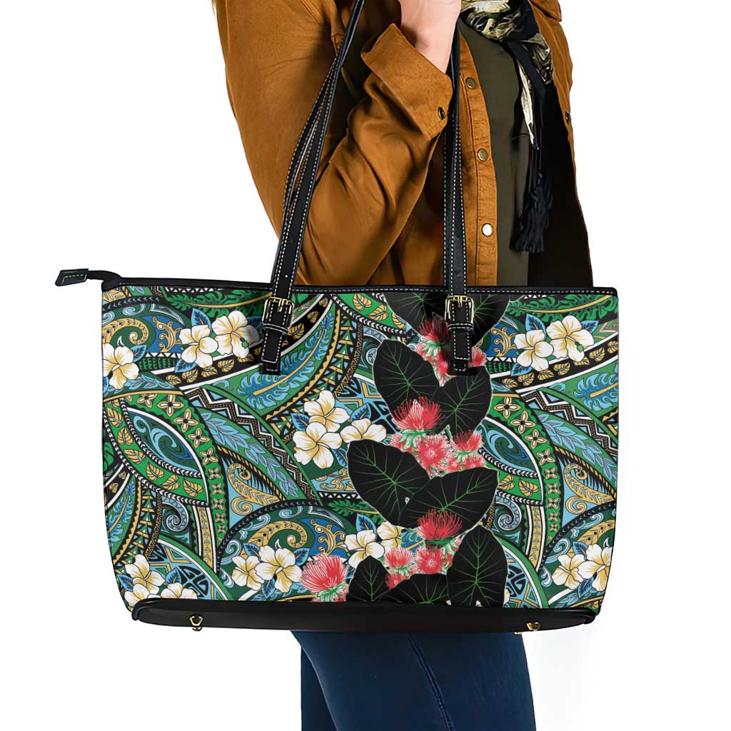 Hawaiian Taro Leaves and Ohia Lehua Leather Tote Bag Polynesian Tribal Art Tropical Plants Motifs Colorful LT03 - Polynesian Pride