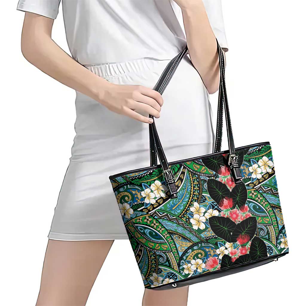 Hawaiian Taro Leaves and Ohia Lehua Leather Tote Bag Polynesian Tribal Art Tropical Plants Motifs Colorful LT03 - Polynesian Pride