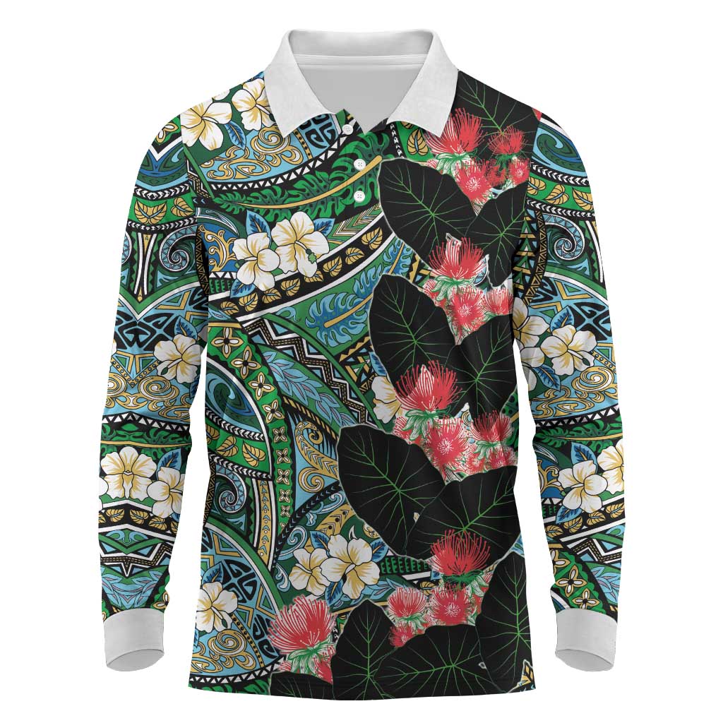 Hawaiian Taro Leaves and Ohia Lehua Long Sleeve Polo Shirt Polynesian Tribal Art Tropical Plants Motifs Colorful LT03 Multicolor - Polynesian Pride