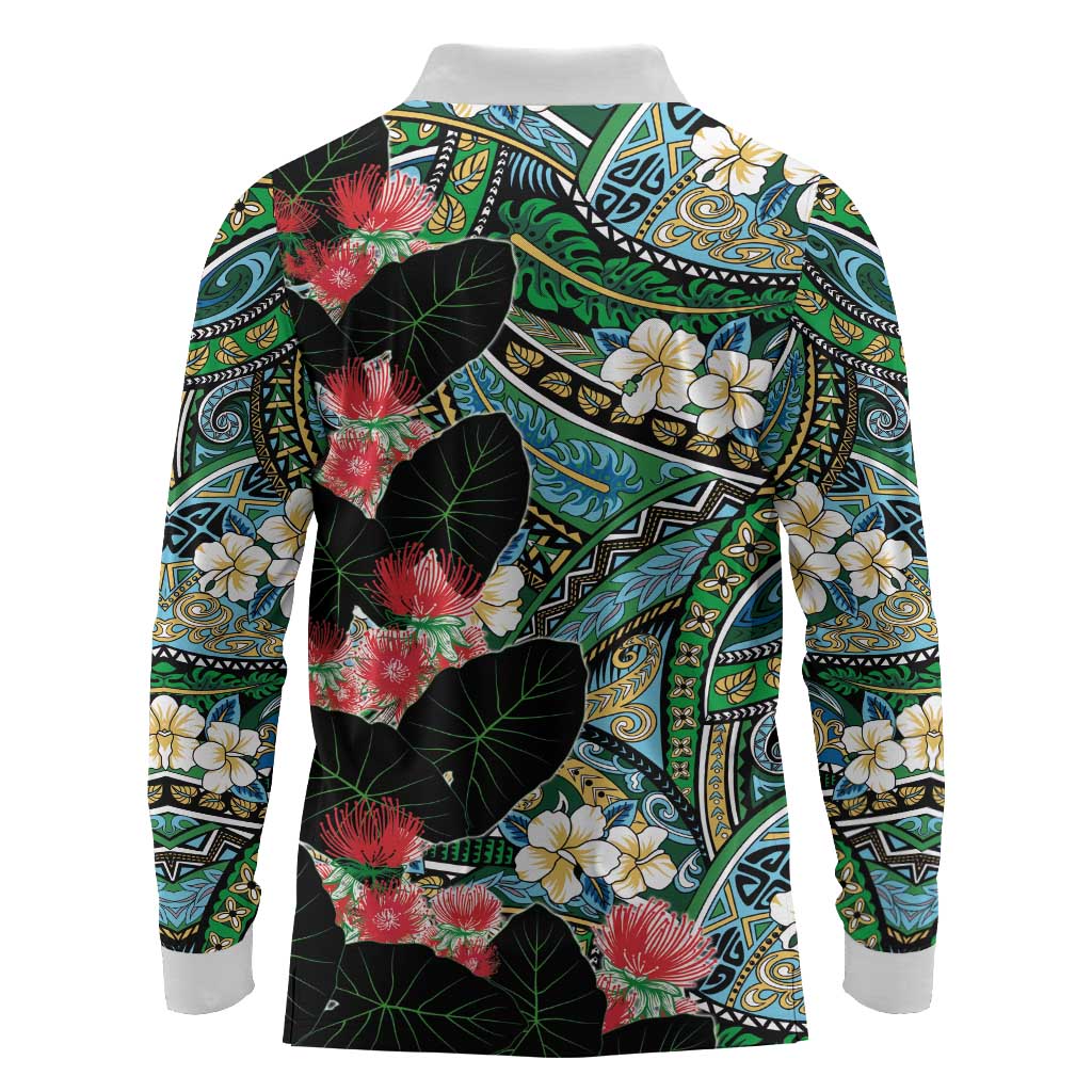 Hawaiian Taro Leaves and Ohia Lehua Long Sleeve Polo Shirt Polynesian Tribal Art Tropical Plants Motifs Colorful LT03 - Polynesian Pride