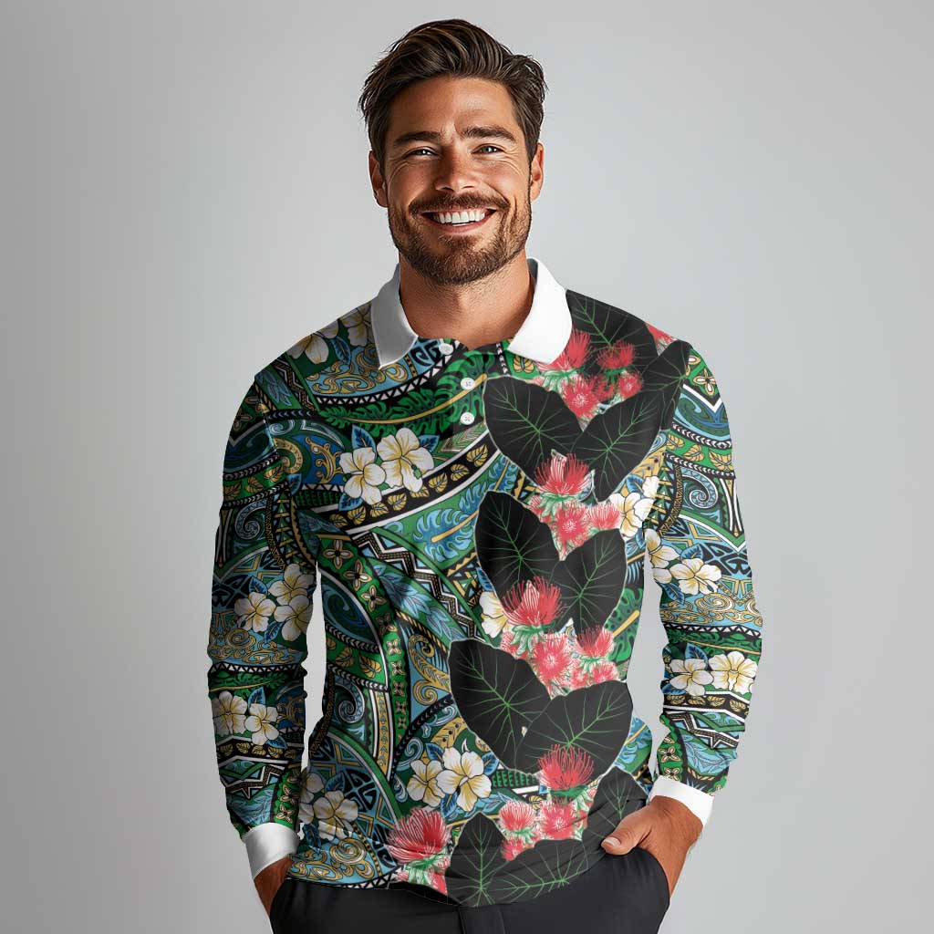 Hawaiian Taro Leaves and Ohia Lehua Long Sleeve Polo Shirt Polynesian Tribal Art Tropical Plants Motifs Colorful LT03 - Polynesian Pride