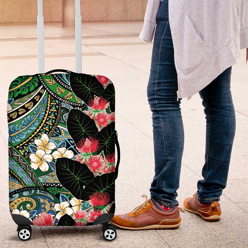 Hawaiian Taro Leaves and Ohia Lehua Luggage Cover Polynesian Tribal Art Tropical Plants Motifs Colorful LT03 Multicolor - Polynesian Pride