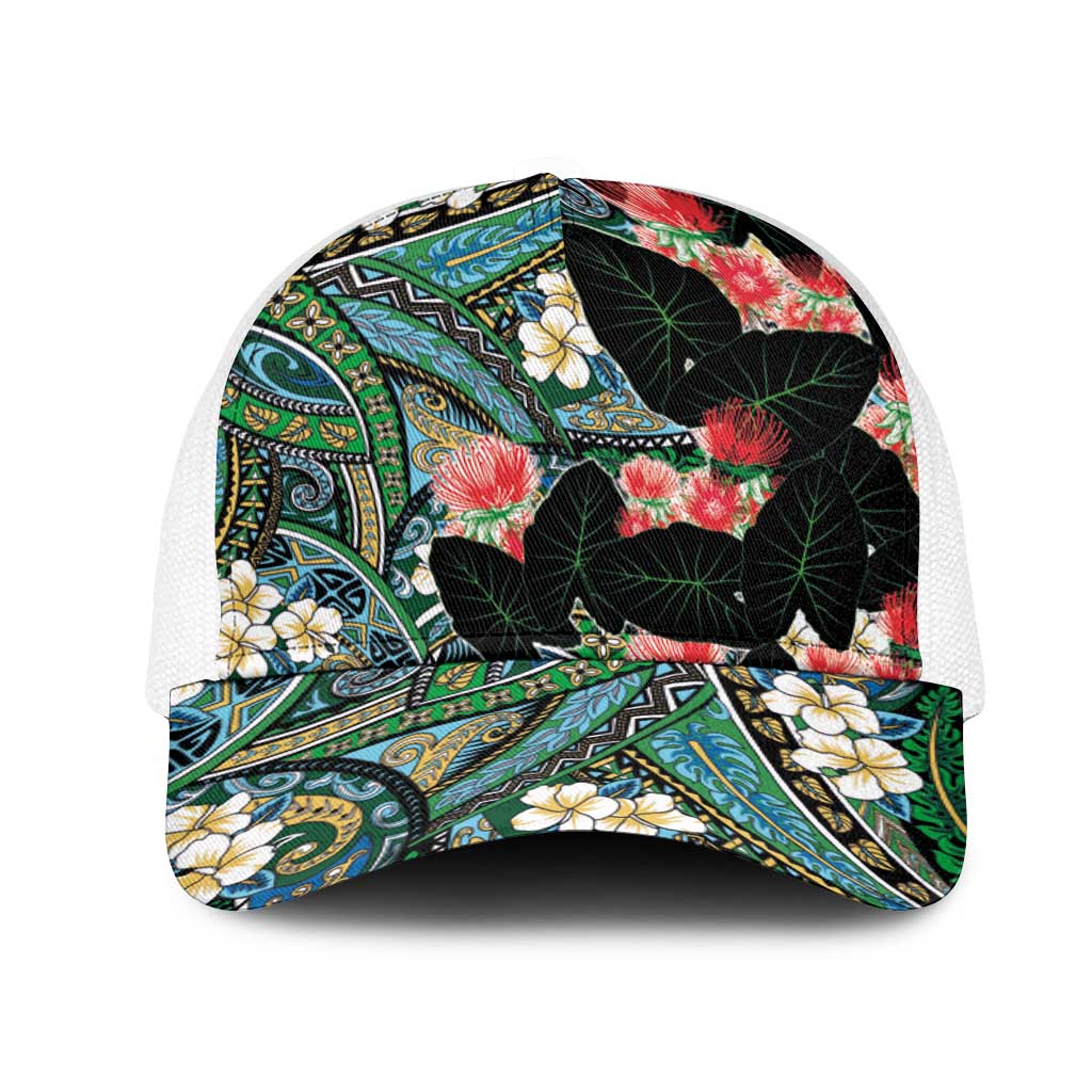 Hawaiian Taro Leaves and Ohia Lehua Mesh Trucker Cap Polynesian Tribal Art Tropical Plants Motifs Colorful LT03 One Size White Multicolor - Polynesian Pride
