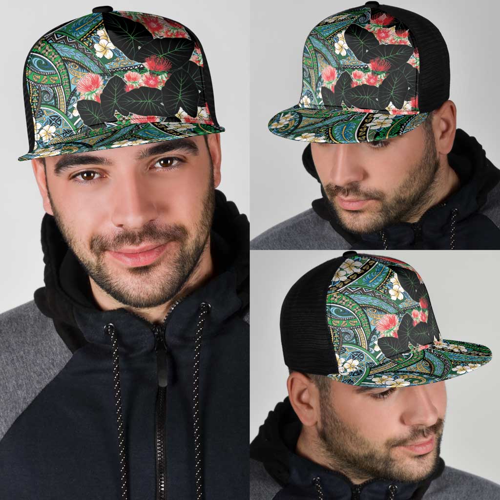 Hawaiian Taro Leaves and Ohia Lehua Mesh Trucker Cap Polynesian Tribal Art Tropical Plants Motifs Colorful LT03 - Polynesian Pride
