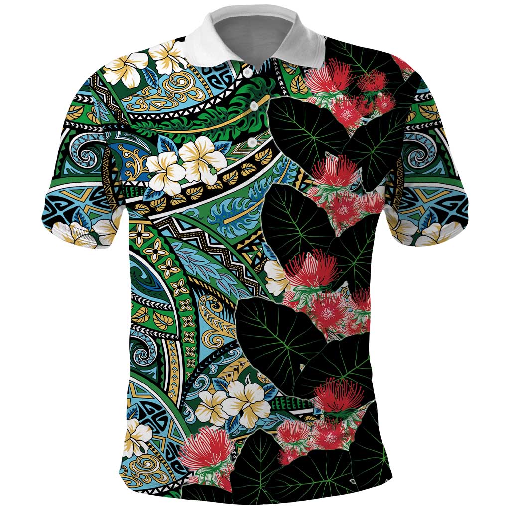 Hawaiian Taro Leaves and Ohia Lehua Polo Shirt Polynesian Tribal Art Tropical Plants Motifs Colorful LT03 Multicolor - Polynesian Pride