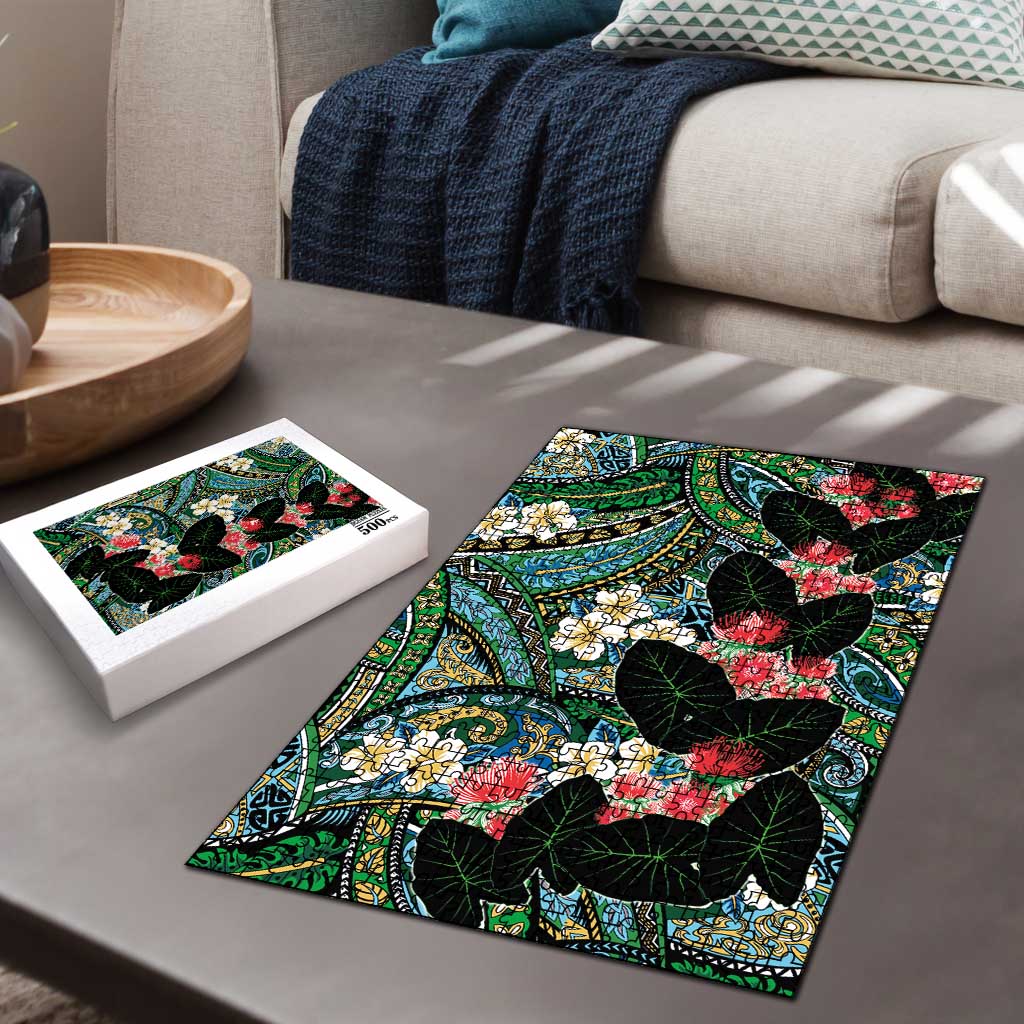 Hawaiian Taro Leaves and Ohia Lehua Puzzle Polynesian Tribal Art Tropical Plants Motifs Colorful LT03 - Polynesian Pride