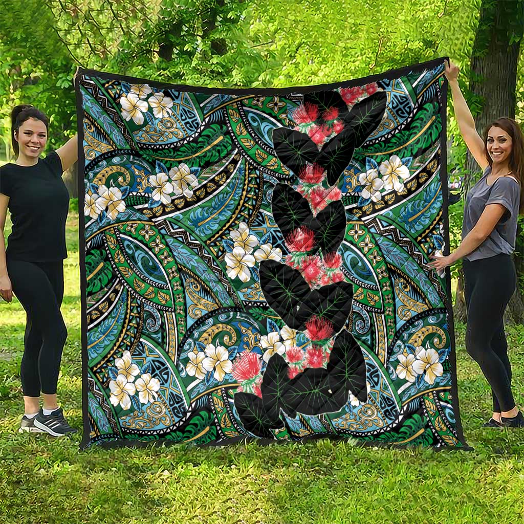Hawaiian Taro Leaves and Ohia Lehua Quilt Polynesian Tribal Art Tropical Plants Motifs Colorful LT03 - Polynesian Pride