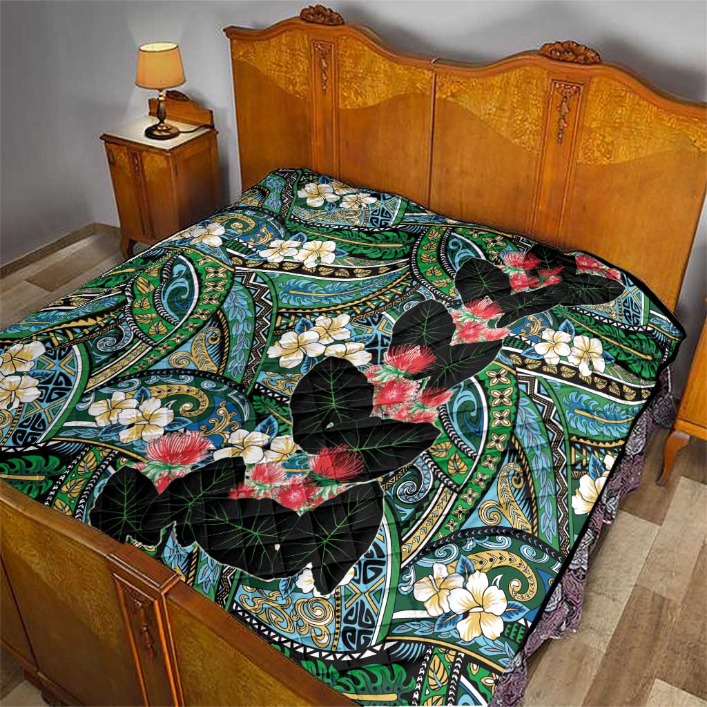 Hawaiian Taro Leaves and Ohia Lehua Quilt Polynesian Tribal Art Tropical Plants Motifs Colorful LT03 - Polynesian Pride