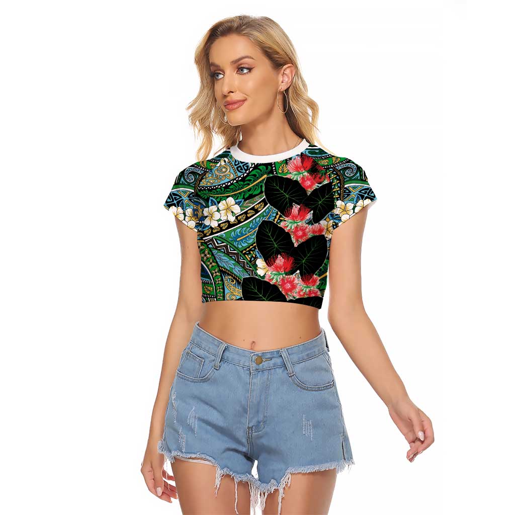 Hawaiian Taro Leaves and Ohia Lehua Raglan Cropped T Shirt Polynesian Tribal Art Tropical Plants Motifs Colorful LT03 Female Multicolor - Polynesian Pride