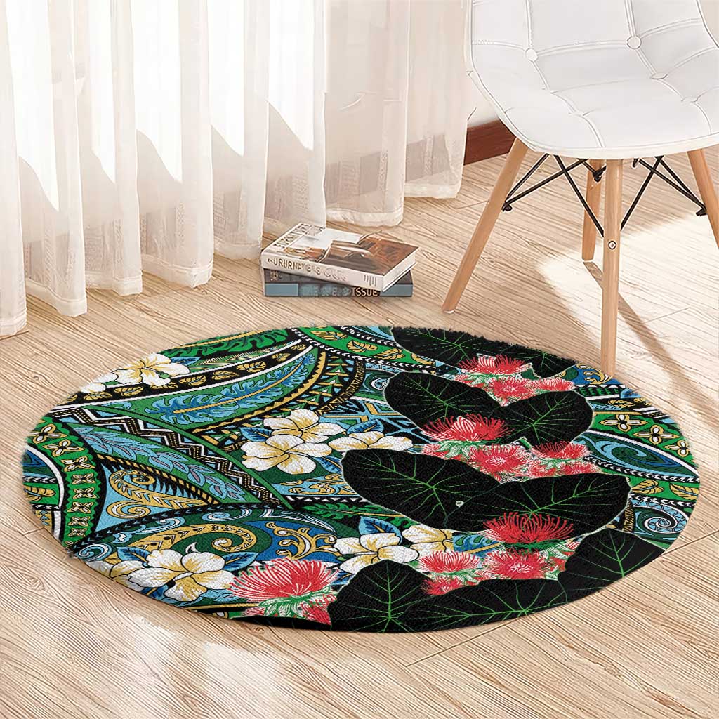 Hawaiian Taro Leaves and Ohia Lehua Round Carpet Polynesian Tribal Art Tropical Plants Motifs Colorful LT03 - Polynesian Pride