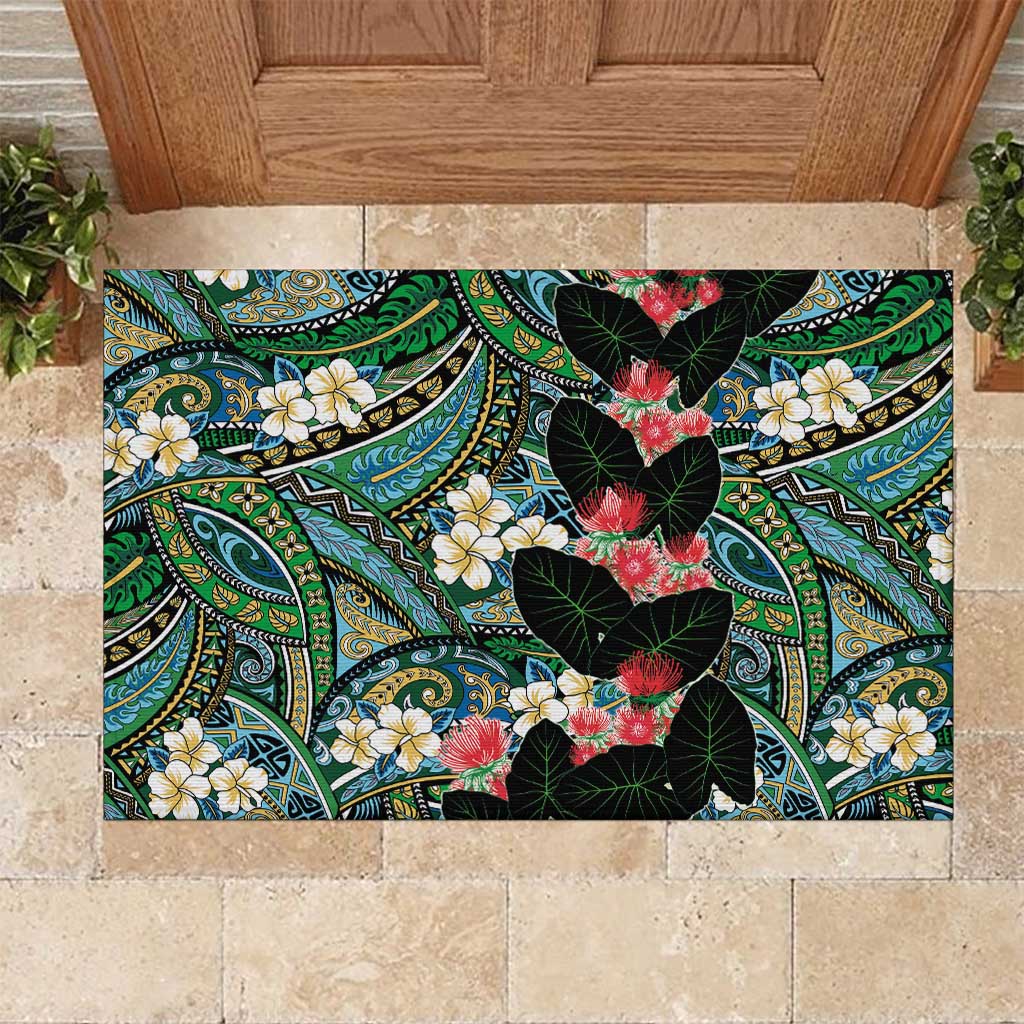 Hawaiian Taro Leaves and Ohia Lehua Rubber Doormat Polynesian Tribal Art Tropical Plants Motifs Colorful