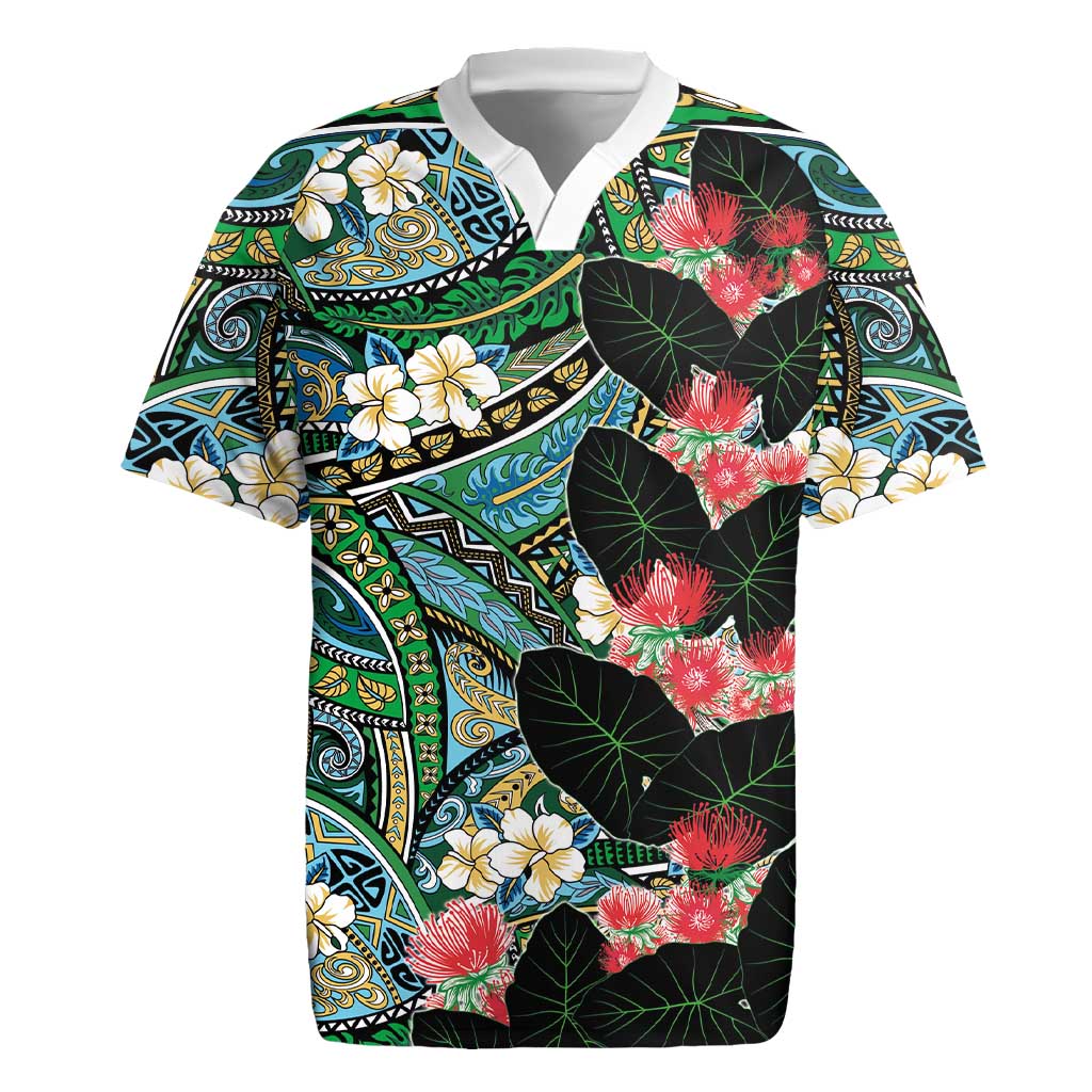 Hawaiian Taro Leaves and Ohia Lehua Rugby Jersey Polynesian Tribal Art Tropical Plants Motifs Colorful