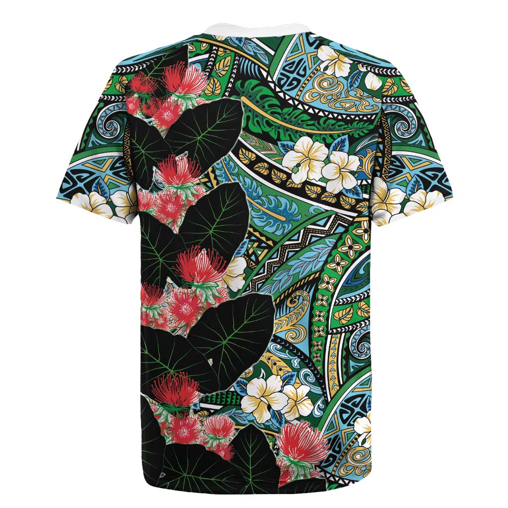 Hawaiian Taro Leaves and Ohia Lehua Rugby Jersey Polynesian Tribal Art Tropical Plants Motifs Colorful LT03 - Polynesian Pride
