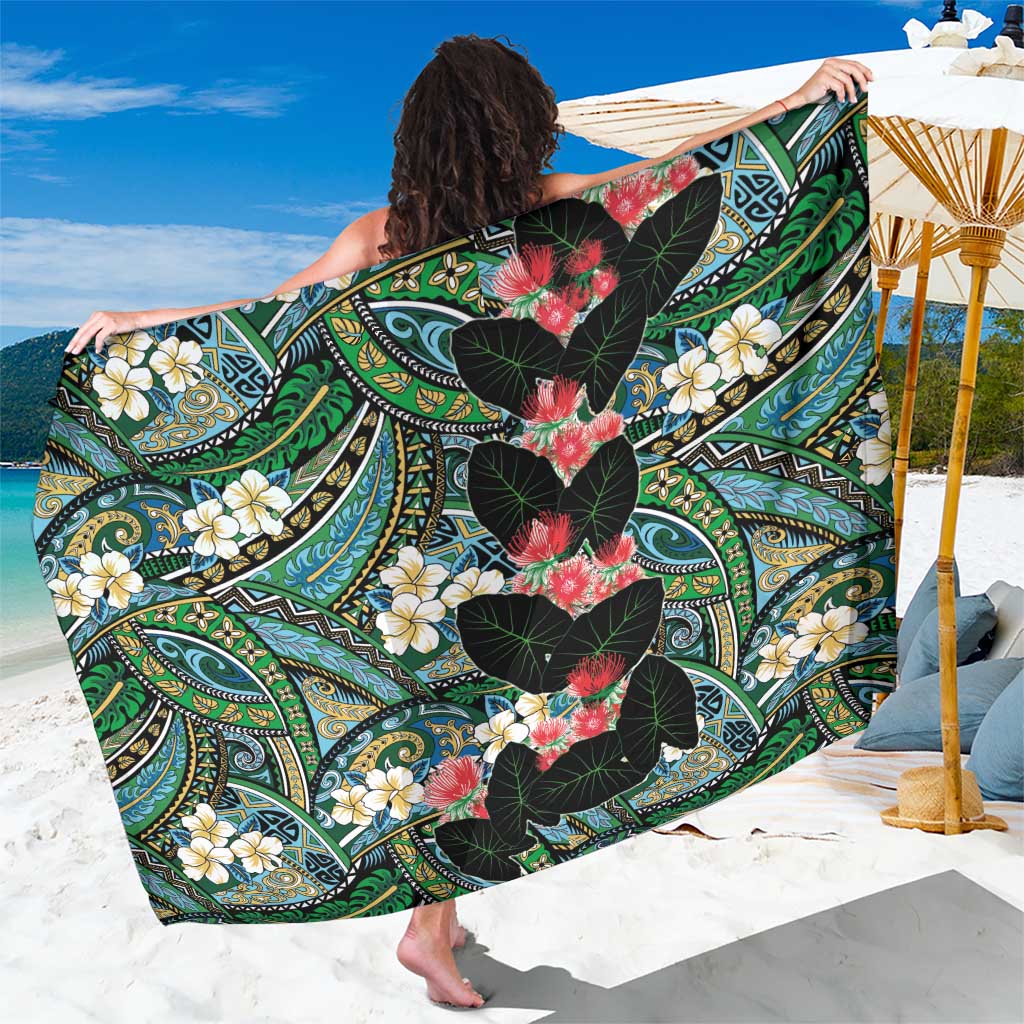 Hawaiian Taro Leaves and Ohia Lehua Sarong Polynesian Tribal Art Tropical Plants Motifs Colorful