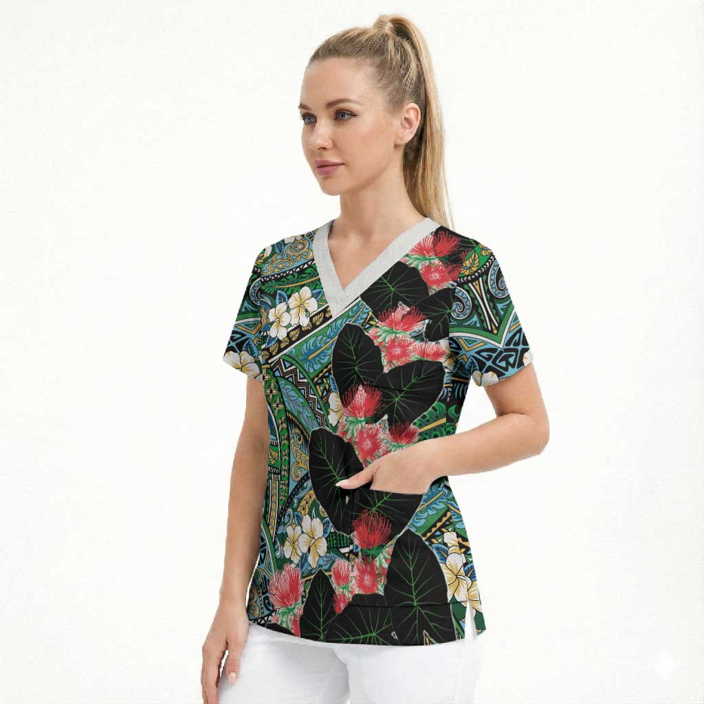Hawaiian Taro Leaves and Ohia Lehua Scrub Top Polynesian Tribal Art Tropical Plants Motifs Colorful LT03 - Polynesian Pride