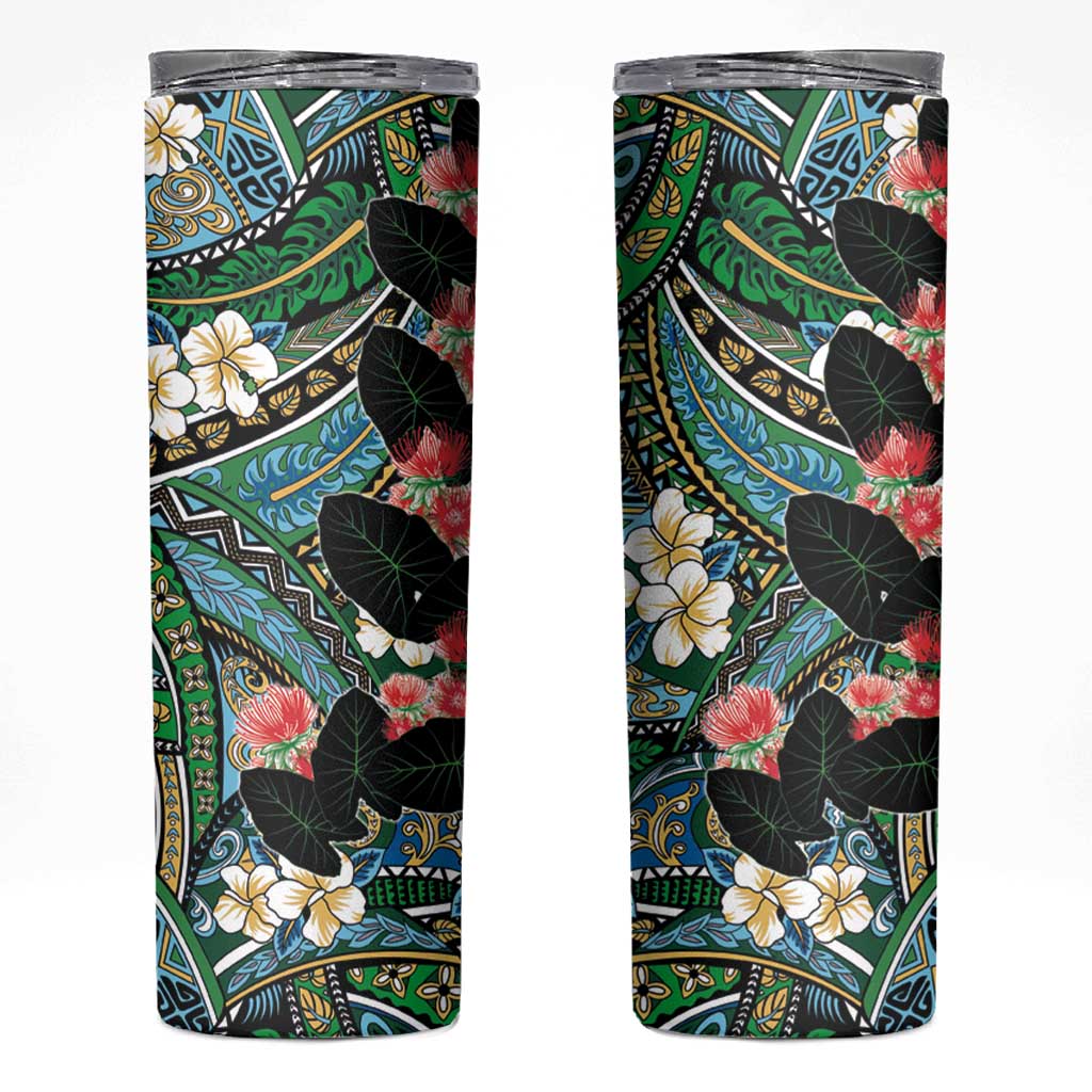 Hawaiian Taro Leaves and Ohia Lehua Skinny Tumbler Polynesian Tribal Art Tropical Plants Motifs Colorful LT03 Multicolor - Polynesian Pride