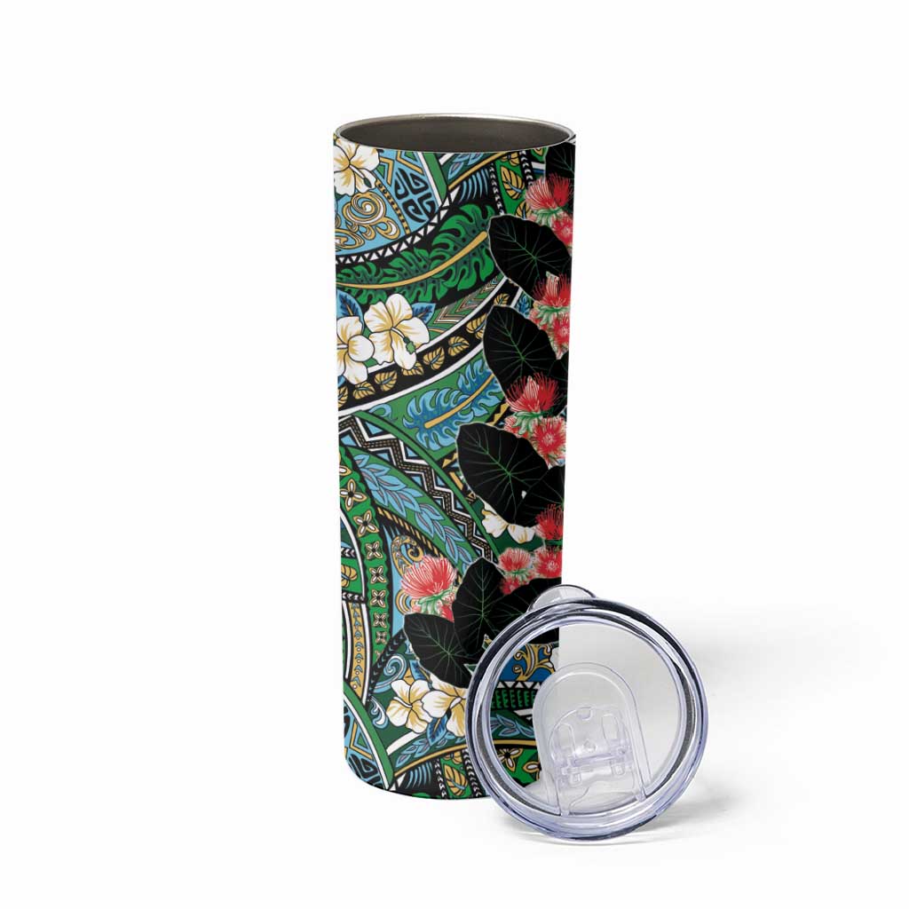 Hawaiian Taro Leaves and Ohia Lehua Skinny Tumbler Polynesian Tribal Art Tropical Plants Motifs Colorful LT03 - Polynesian Pride