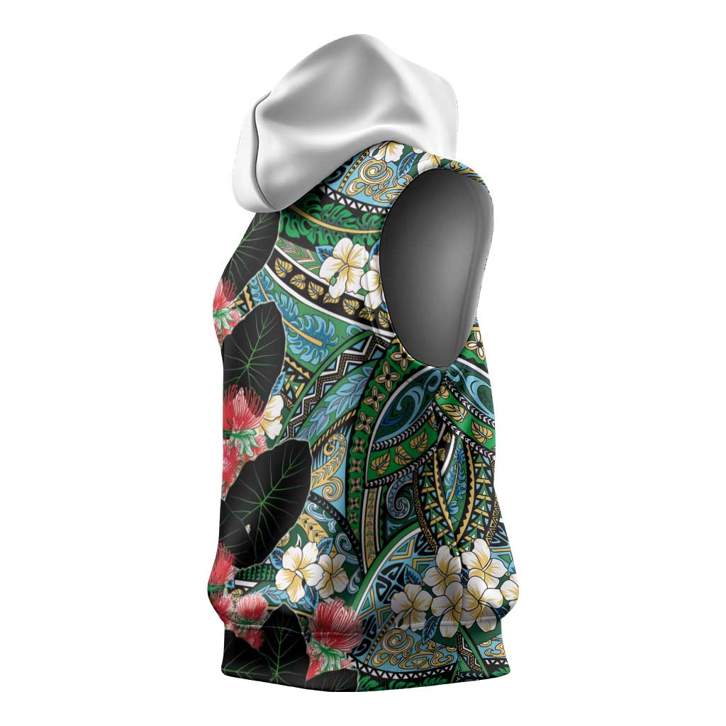 Hawaiian Taro Leaves and Ohia Lehua Sleeveless Hoodie Polynesian Tribal Art Tropical Plants Motifs Colorful LT03 - Polynesian Pride