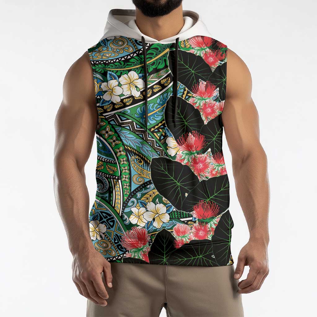 Hawaiian Taro Leaves and Ohia Lehua Sleeveless Hoodie Polynesian Tribal Art Tropical Plants Motifs Colorful LT03 - Polynesian Pride