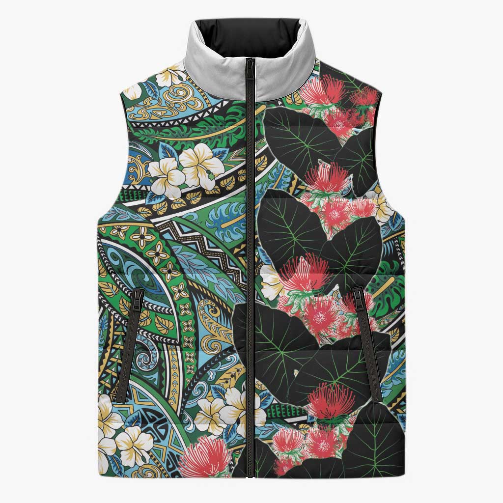 Hawaiian Taro Leaves and Ohia Lehua Sleeveless Puffer Jacket Polynesian Tribal Art Tropical Plants Motifs Colorful LT03 Unisex Multicolor - Polynesian Pride
