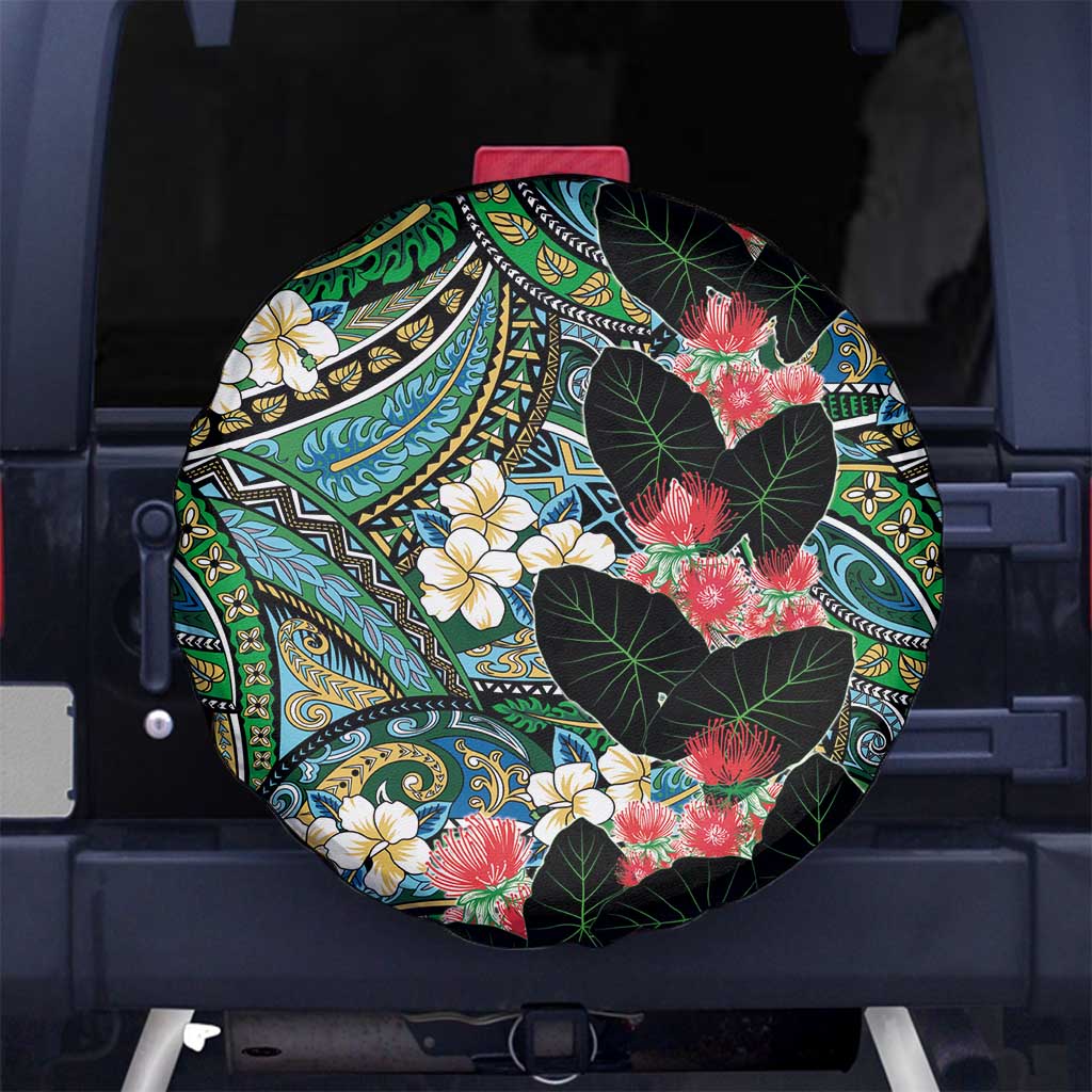 Hawaiian Taro Leaves and Ohia Lehua Spare Tire Cover Polynesian Tribal Art Tropical Plants Motifs Colorful LT03 No hole Multicolor - Polynesian Pride