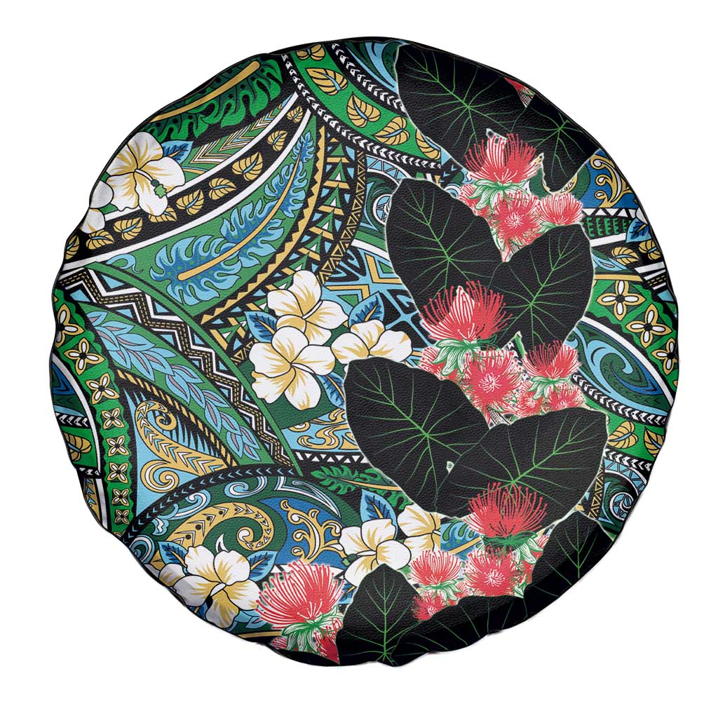Hawaiian Taro Leaves and Ohia Lehua Spare Tire Cover Polynesian Tribal Art Tropical Plants Motifs Colorful LT03 - Polynesian Pride
