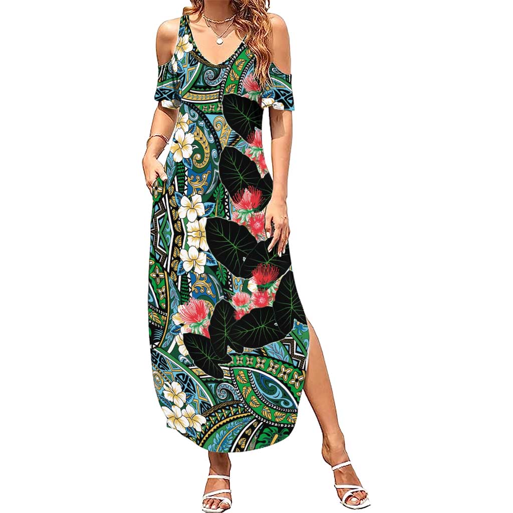 Hawaiian Taro Leaves and Ohia Lehua Summer Maxi Dress Polynesian Tribal Art Tropical Plants Motifs Colorful LT03 Women Multicolor - Polynesian Pride