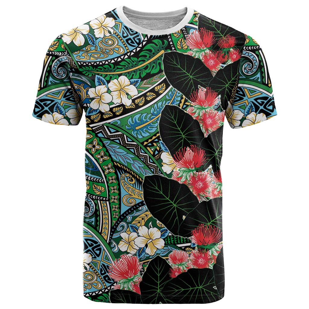 Hawaiian Taro Leaves and Ohia Lehua T Shirt Polynesian Tribal Art Tropical Plants Motifs Colorful LT03 Multicolor - Polynesian Pride