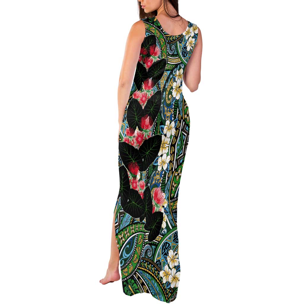 Hawaiian Taro Leaves and Ohia Lehua Tank Maxi Dress Polynesian Tribal Art Tropical Plants Motifs Colorful LT03 - Polynesian Pride