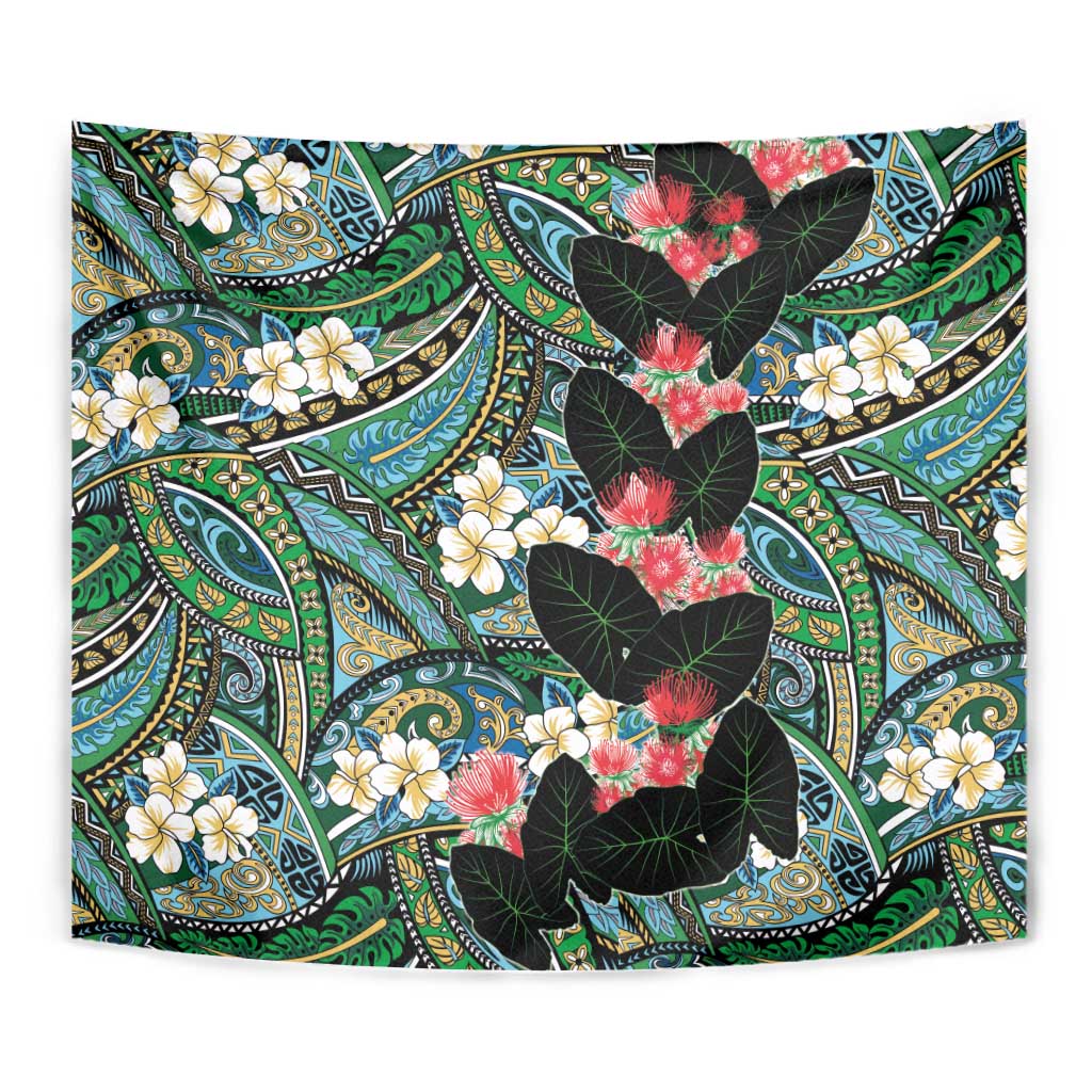 Hawaiian Taro Leaves and Ohia Lehua Tapestry Polynesian Tribal Art Tropical Plants Motifs Colorful LT03 - Polynesian Pride
