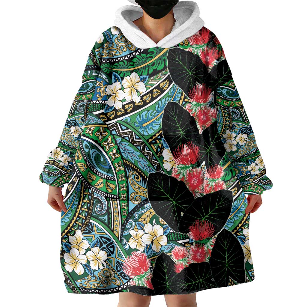 Hawaiian Taro Leaves and Ohia Lehua Wearable Blanket Hoodie Polynesian Tribal Art Tropical Plants Motifs Colorful LT03 - Polynesian Pride