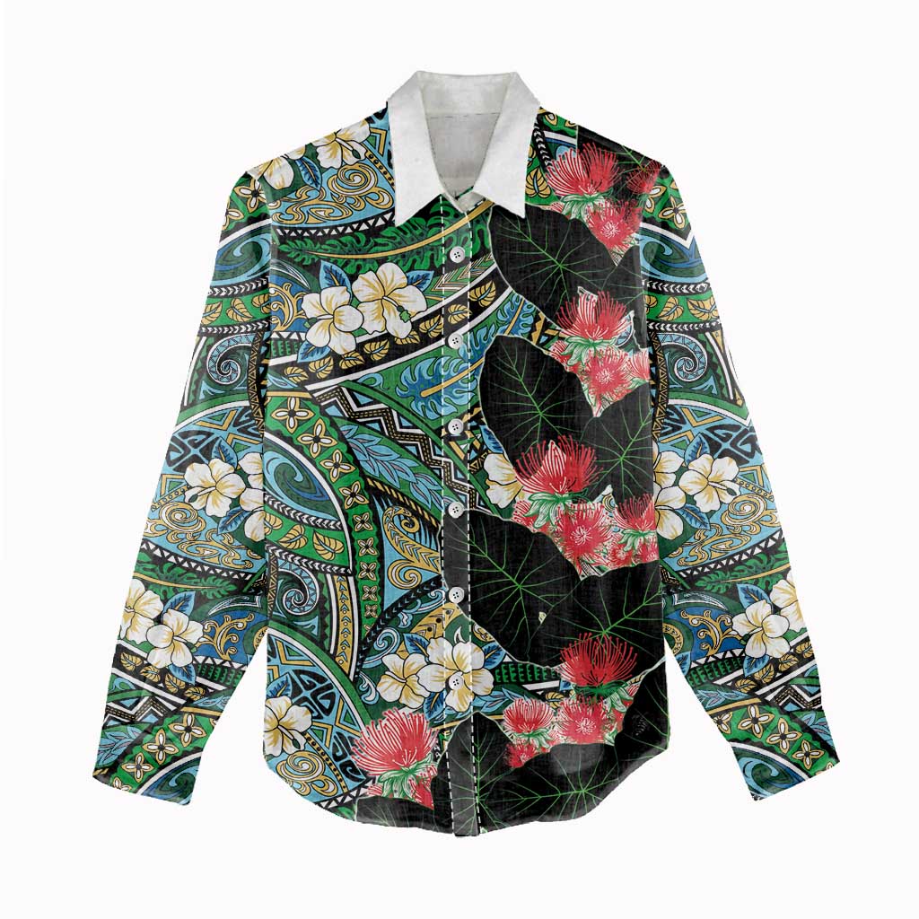 Hawaiian Taro Leaves and Ohia Lehua Women Casual Shirt Polynesian Tribal Art Tropical Plants Motifs Colorful LT03 - Polynesian Pride