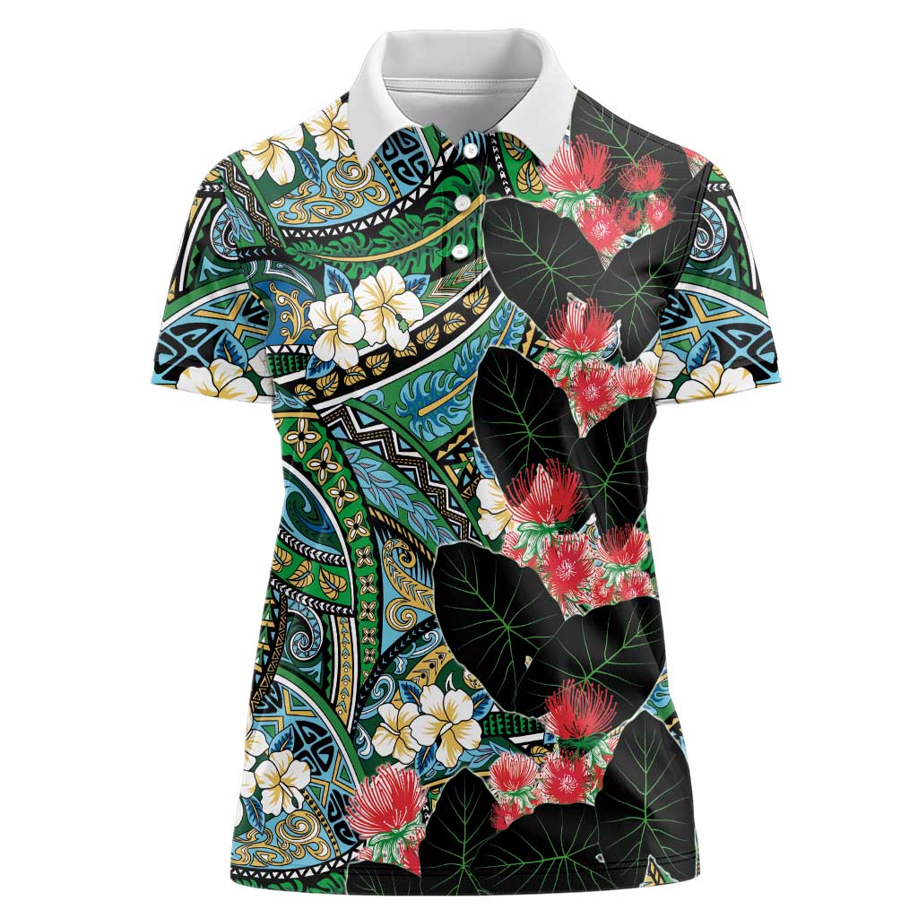 Hawaiian Taro Leaves and Ohia Lehua Women Polo Shirt Polynesian Tribal Art Tropical Plants Motifs Colorful