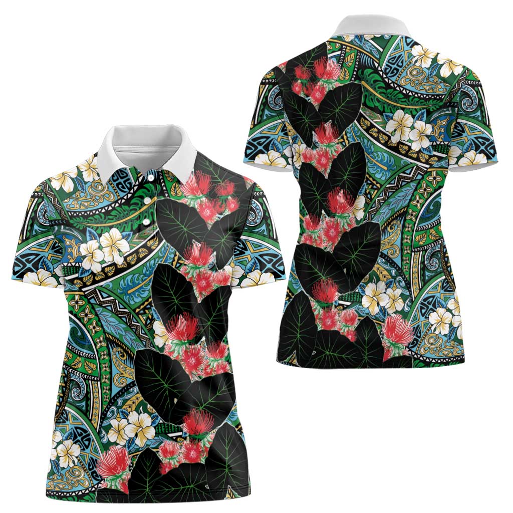 Hawaiian Taro Leaves and Ohia Lehua Women Polo Shirt Polynesian Tribal Art Tropical Plants Motifs Colorful LT03 - Polynesian Pride