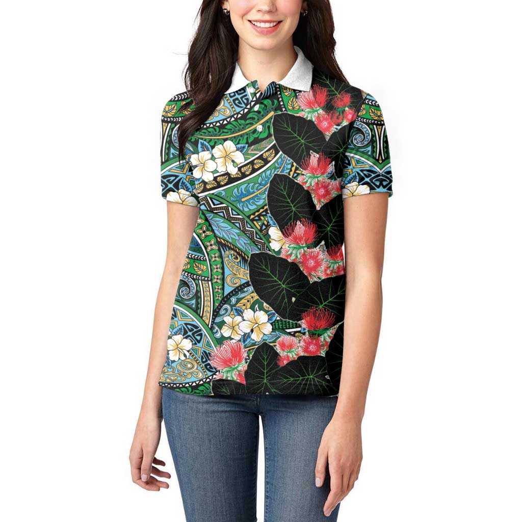 Hawaiian Taro Leaves and Ohia Lehua Women Polo Shirt Polynesian Tribal Art Tropical Plants Motifs Colorful LT03 - Polynesian Pride