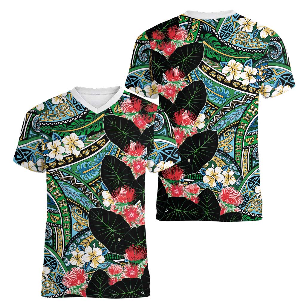Hawaiian Taro Leaves and Ohia Lehua Women V-Neck T-Shirt Polynesian Tribal Art Tropical Plants Motifs Colorful LT03 - Polynesian Pride