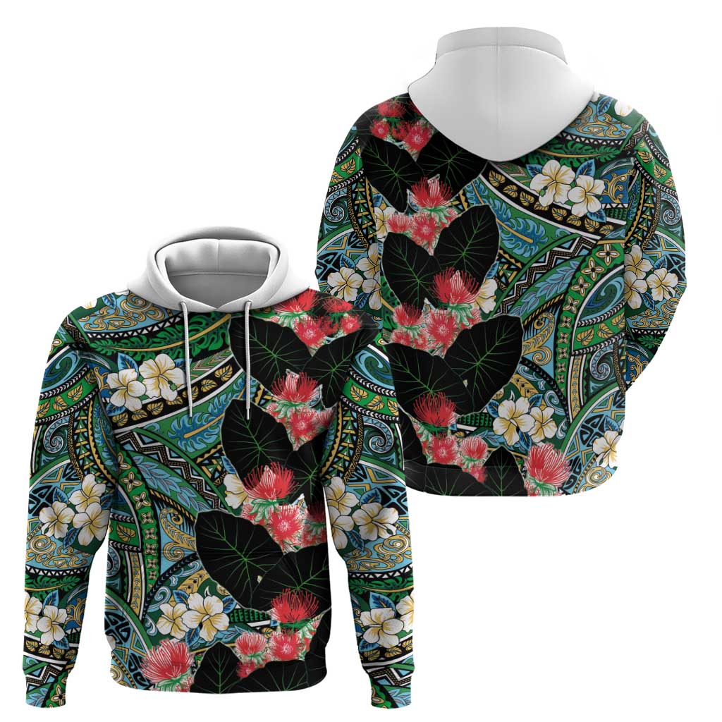 Hawaiian Taro Leaves and Ohia Lehua Zip Hoodie Polynesian Tribal Art Tropical Plants Motifs Colorful LT03 - Polynesian Pride